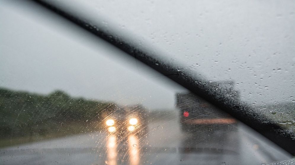 View through a windshield in the rain