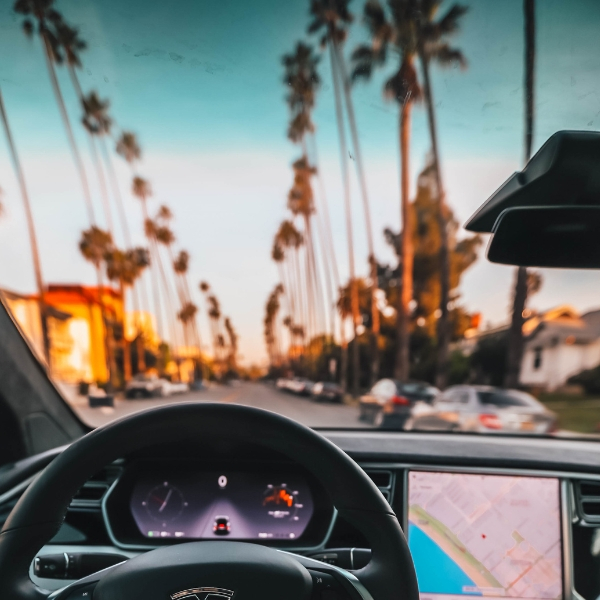 A driver's perspective from inside a car, looking out at a sunny street lined with palm trees, with the car's steering wheel and central display visible.
