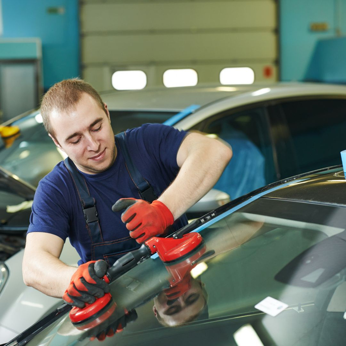 person fixing windshield
