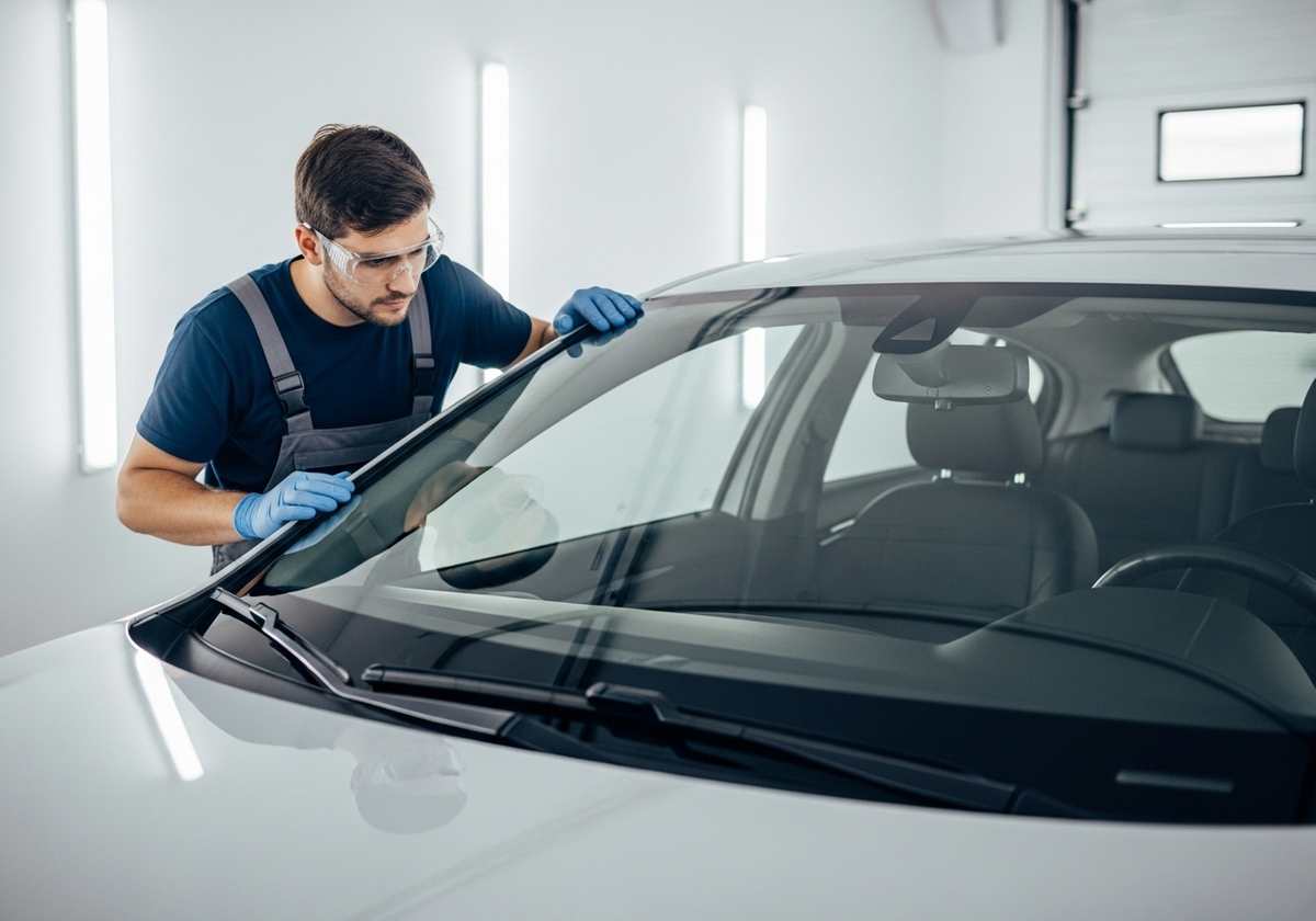 Technician Inspecting Car Windshield