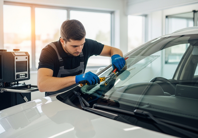 Technician Replacing Car Windshield