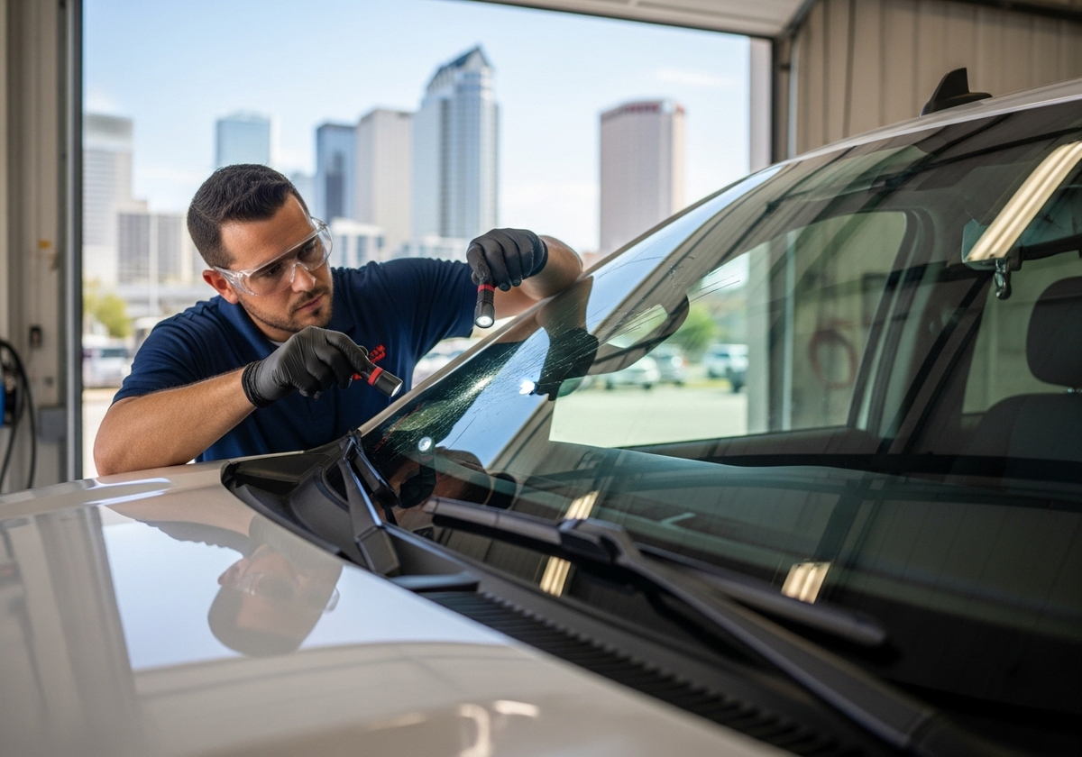Technician Inspecting Car Windshield