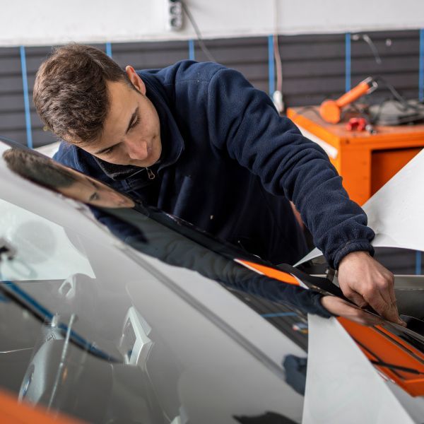 auto glass technician replacing windshield carefully