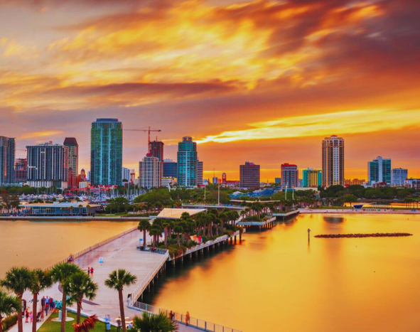Downtown city skyline on the bay at dusk, St. Petersburg, FL
