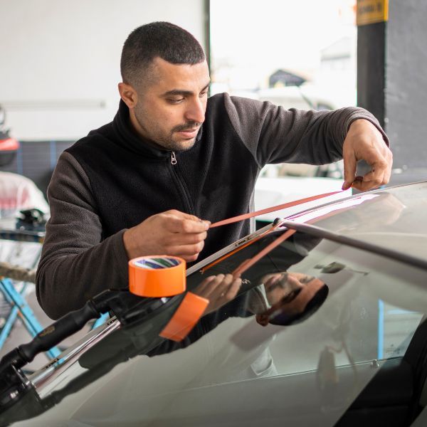 auto glass technician replacing windshield