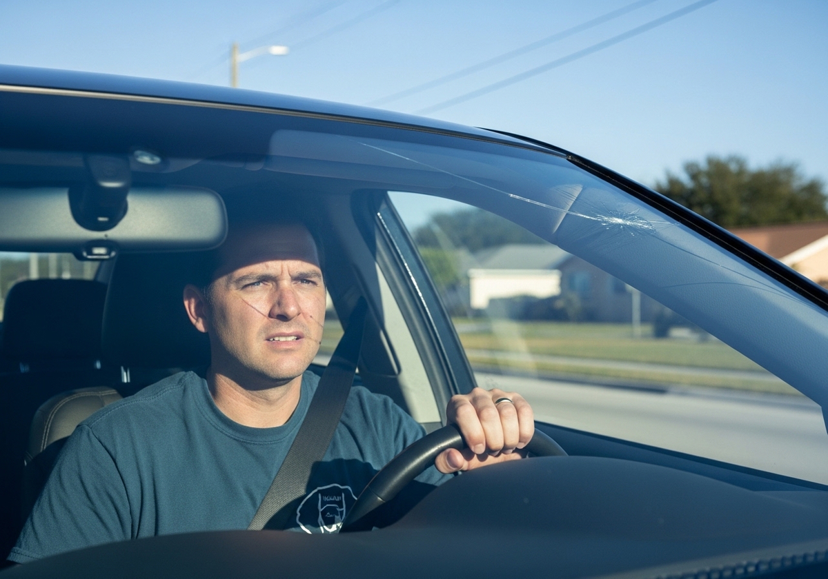 Man Driving Car with Cracked Windshield