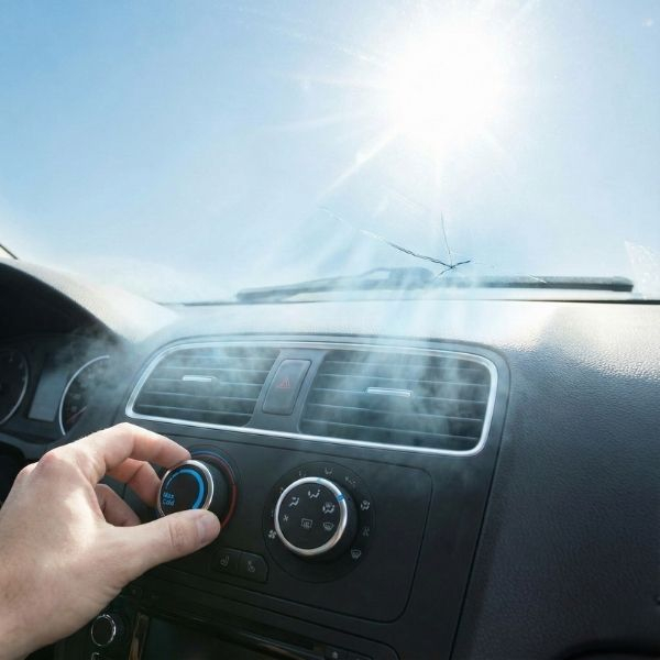 person turning up the air with crack forming on windshield