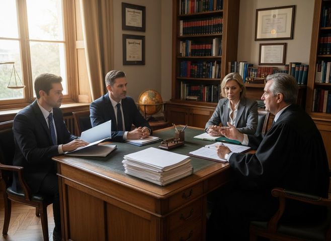 lawyers and a judge sitting around a desk discussing a case What Is a Preliminary Hearing in CA? | Law Office of Brendan Barrett