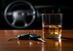 Photo of car keys and a shot of whiskey. DUI Offenses in California