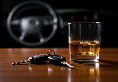 Photo of car keys and a shot of whiskey. DUI Offenses in California