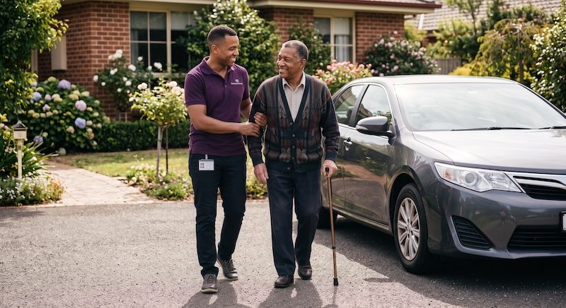 man helping elderly man