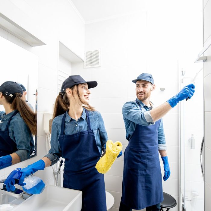 professional cleaners cleaning bathroom