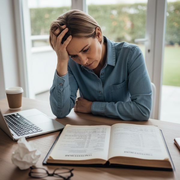 A woman rests her head in her hand while looking down at a book of her finances