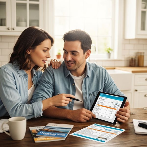 A couple reviews their vacation planning and documents together in a bright, modern home setting.