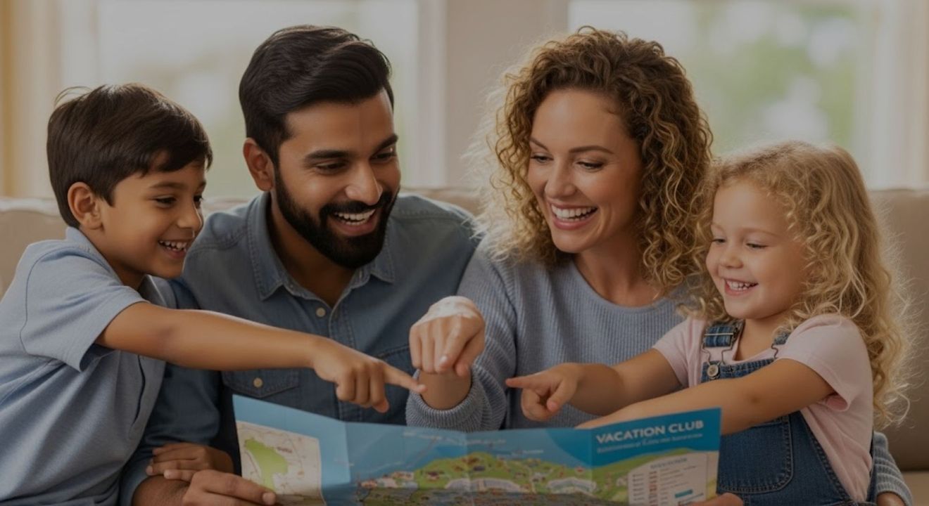 family smiling and pointing at a map of vacation club resorts