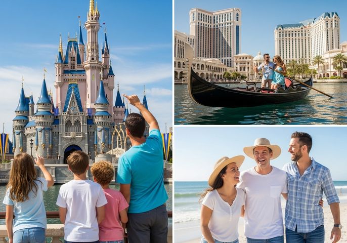 A collage featuring families enjoying vacations at Disney World, a gondola ride in Venice, and a beach outing, highlighting diverse travel experiences. Vacation Destinations Collage