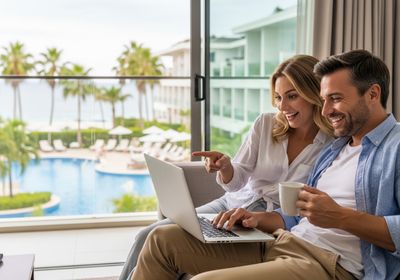 A smiling couple sits in a hotel room, planning a vacation on a laptop with a view of the pool, palm trees, and ocean. Couple Planning Vacation on Laptop