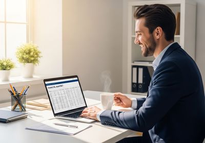 A smiling financial analyst in a suit works at a laptop displaying a spreadsheet. Steam rises from a white mug on his desk, which is also adorned with plants, pens, notebooks, and papers. Financial Analyst Working at Desk