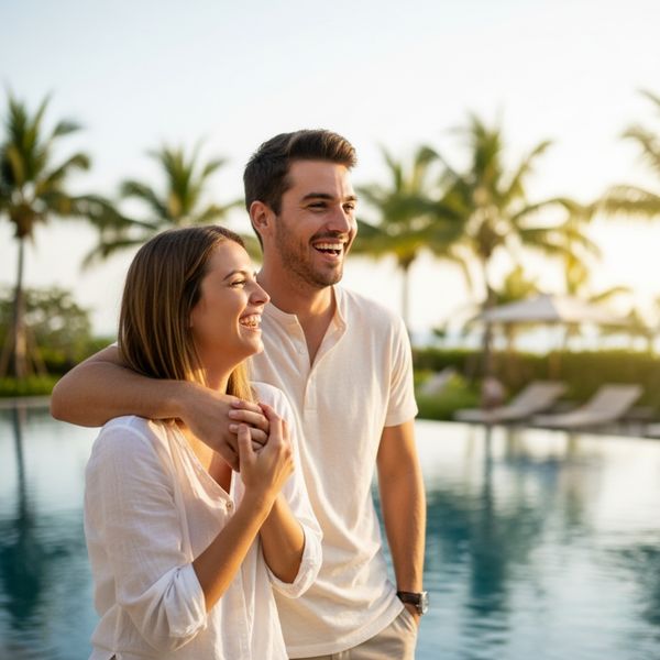 Young couple laughing on a short weekend getaway at a resort