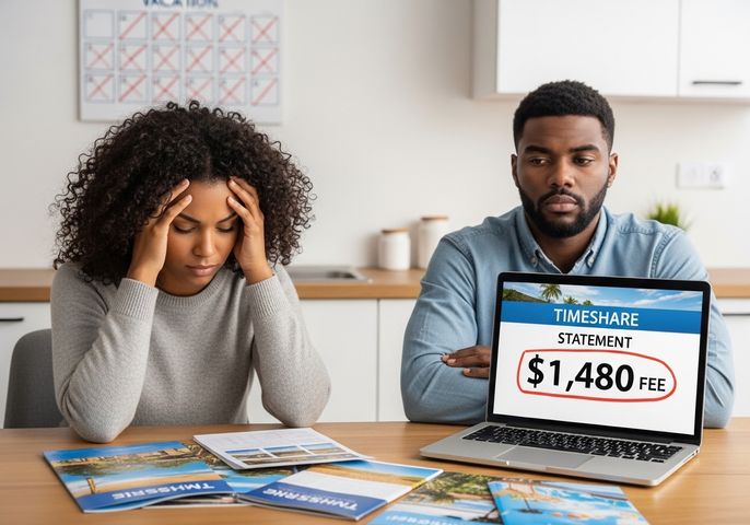 A concerned African-American couple reviews a timeshare statement on a laptop displaying a $1,480 fee. The woman is holding her head in her hands, and a vacation calendar hangs on the wall behind them. Timeshare Fee Shock