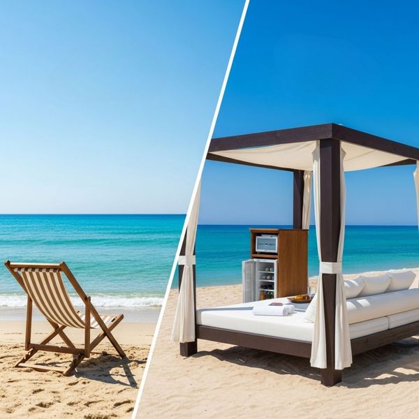 split-screen image showing a simple, rustic beach chair on one side and a luxurious, fully-equipped beach cabana on the other