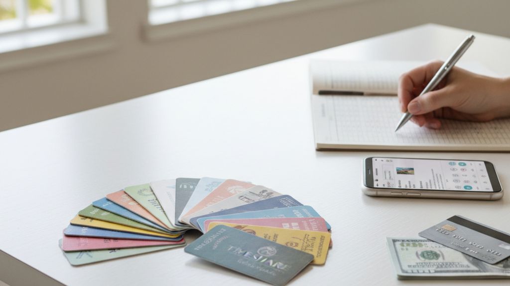 A fan of colorful timeshare key cards is displayed on a white desk next to a smartphone, a credit card, cash, and a hand writing in a notebook. A fan of colorful timeshare key cards is displayed on a white desk next to a smartphone, a credit card, cash, and a hand writing in a notebook.