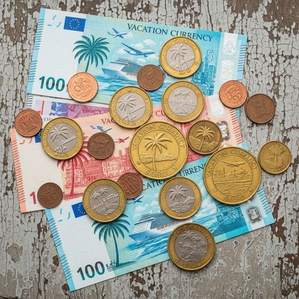 collection of fictional 'vacation currency' coins and banknotes scattered on a surface
