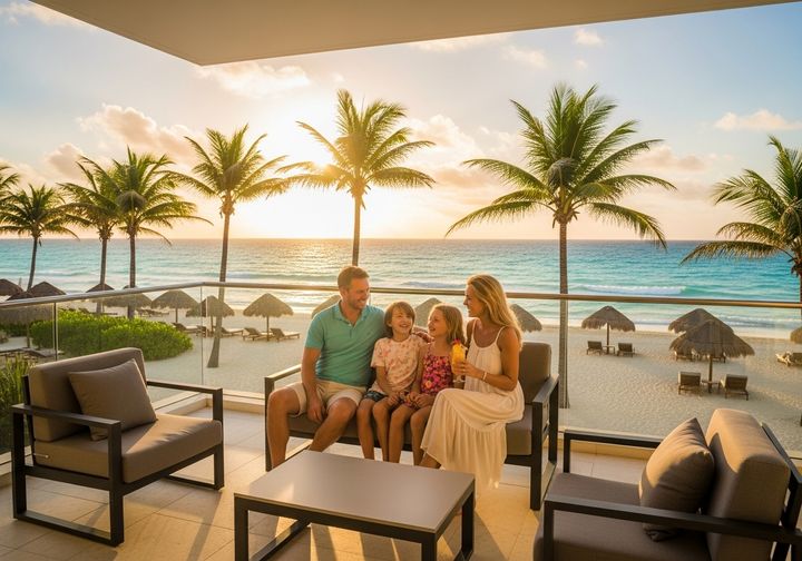 A family enjoys a sunny afternoon on a high-end resort balcony with an ocean view. A family enjoys a sunny afternoon on a high-end resort balcony with an ocean view.