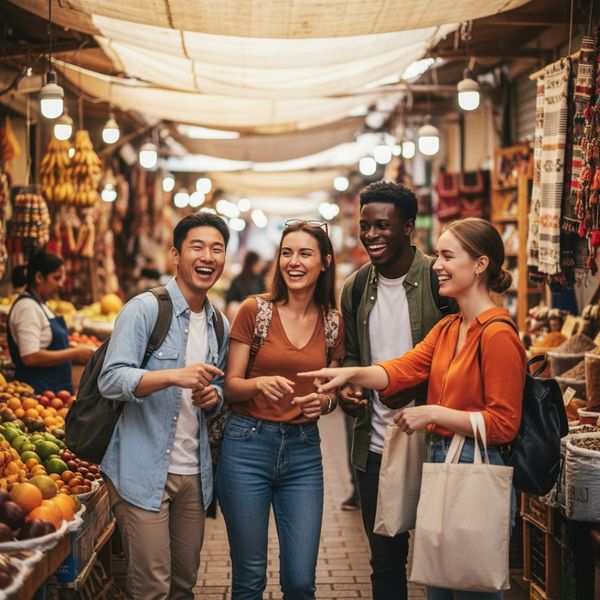 Diverse group of friends exploring a bustling foreign market