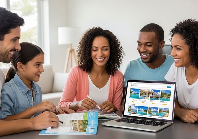 A multi-ethnic family, including parents and a child, gathered around a table with a laptop displaying vacation properties, smiling and planning their next getaway. Family Planning Vacation