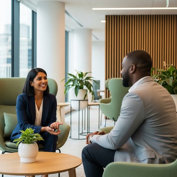 Two professional people having a friendly conversation in a bright corporate office lounge, inclusive subjects, clean and uncluttered background.