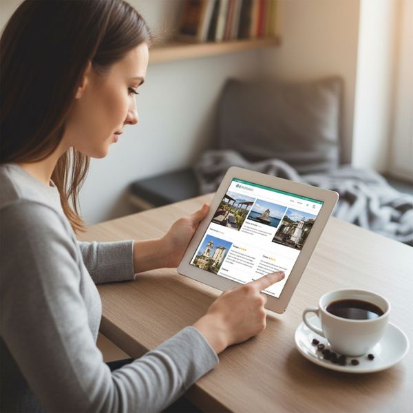 Woman researching vacation destinations on a tablet with coffee