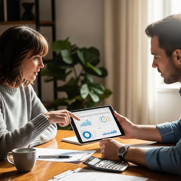 A couple sits at a table discussing finances with a tablet. tablet.jpg