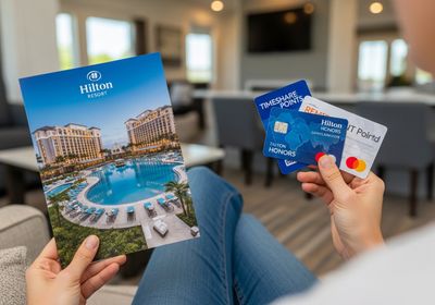 A person sits on a sofa with a brochure showing an aerial view of a Hilton resort with a pool, while also holding three Hilton Honors credit cards in their hand. Hilton Resort and Hilton Honors Credit Cards