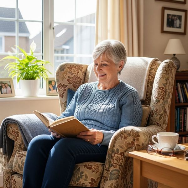 A senior woman with gray hair sits comfortably in an armchair by a window, reading a book and smiling. A plant and a cup of tea are visible on a side table.