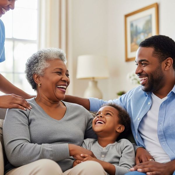 A senior woman sits on a couch with her adult son and young grandchild, all laughing happily. A caregiver is partially visible in the background with her hand on the senior's shoulder.