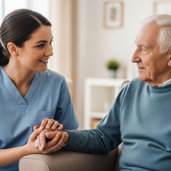 A kind female caregiver in blue scrubs holds the hands of a senior man while making eye contact and smiling warmly. They are seated in a comfortable living room setting.