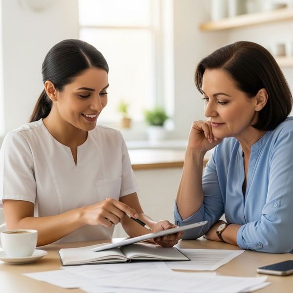 A professional female caregiver wearing a white shirt points to a tablet, showing a care plan to a mature female client at a kitchen table.
