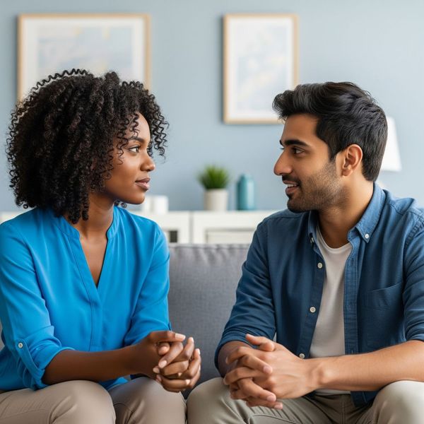 A diverse couple constructively resolving conflict, representing positive outcomes of counseling.