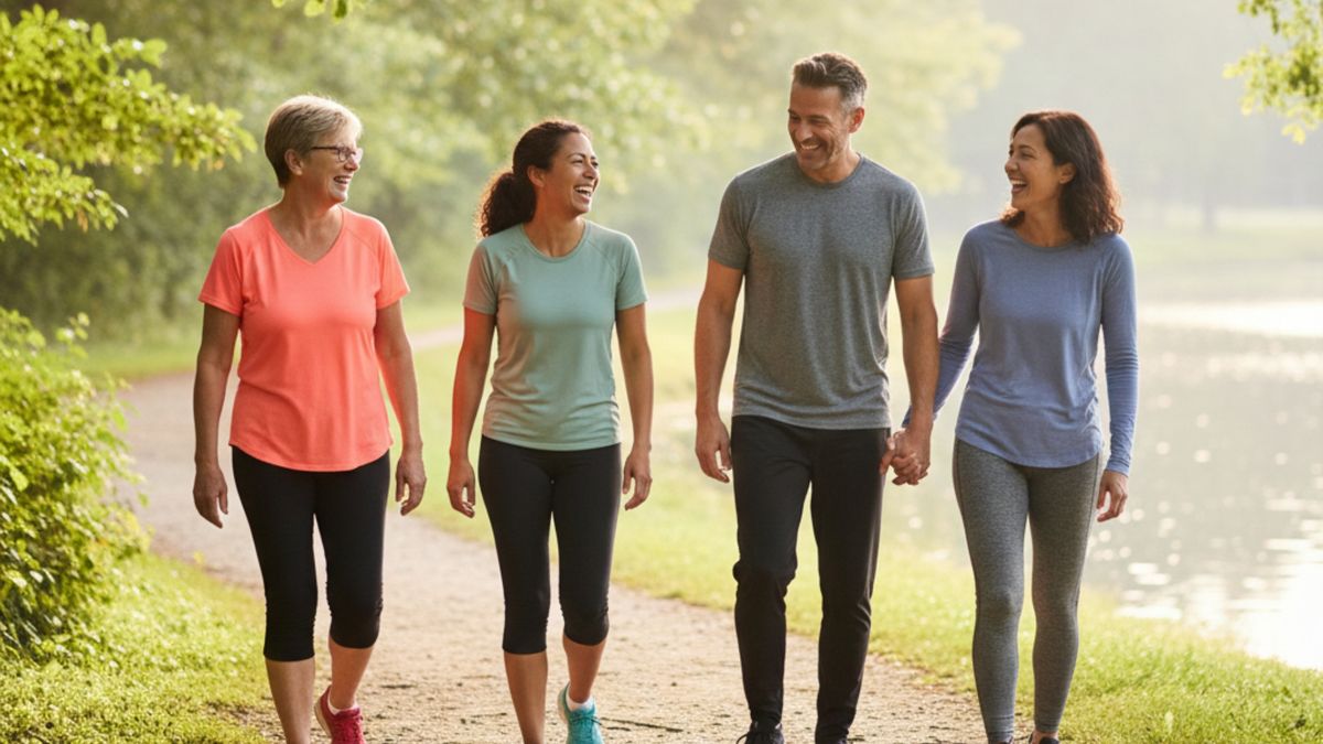 Diverse group laughing during a nature walk.