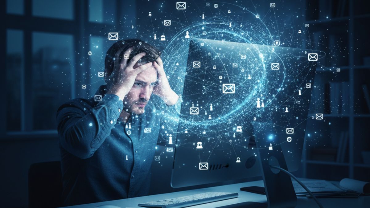 Person feeling overwhelmed by digital notifications Person feeling overwhelmed by digital notifications