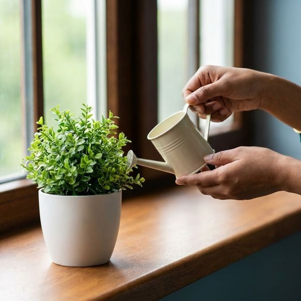 South Asian hands watering a small plant by a window.