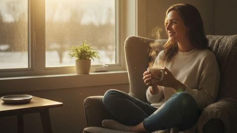 Person sitting in bright morning light near a window with a mug Person sitting in bright morning light near a window with a mug