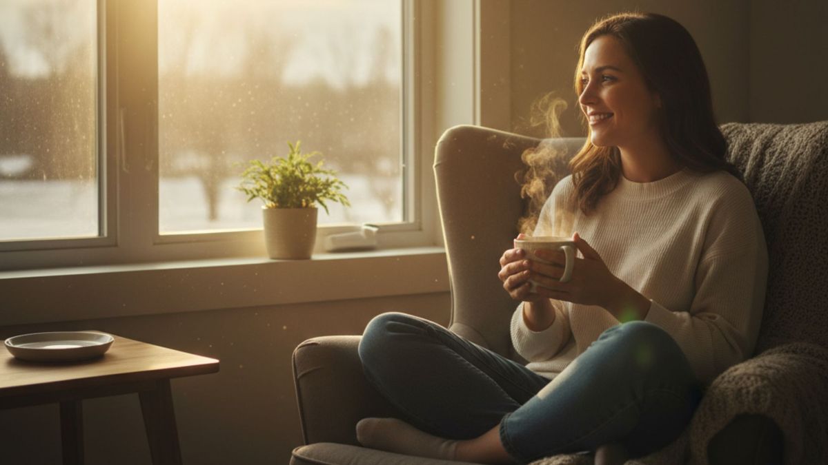 Person sitting in bright morning light near a window with a mug Person sitting in bright morning light near a window with a mug