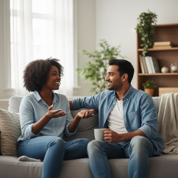 Diverse couple happily communicating and smiling at home.