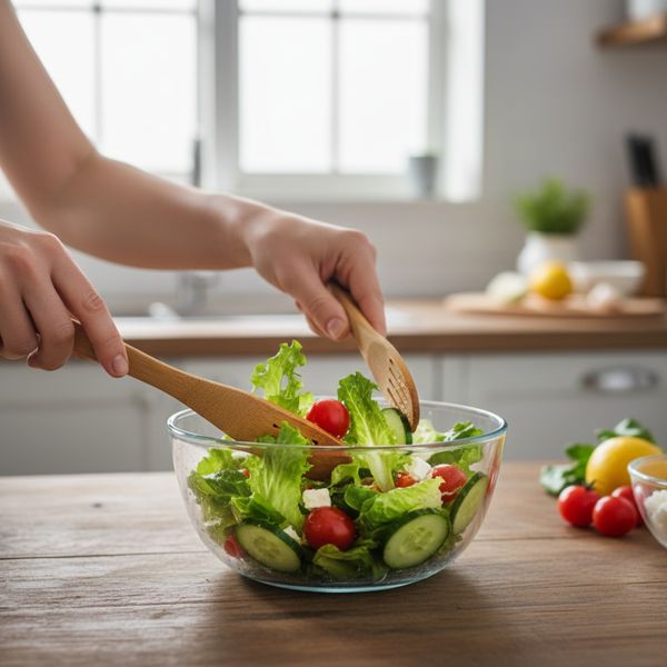 Hands preparing a colorful, fresh vegetable salad.