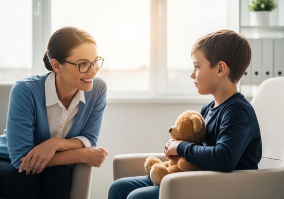 A young boy holds a teddy bear while sitting in a chair, facing a therapist who is smiling at him, in a brightly lit office setting. Child therapy session