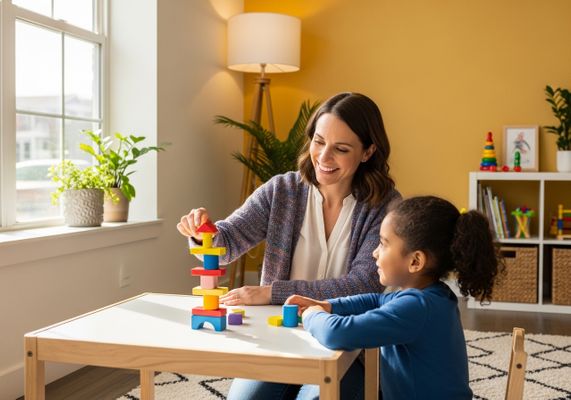 Child and Woman Building Tower with Wooden Blocks