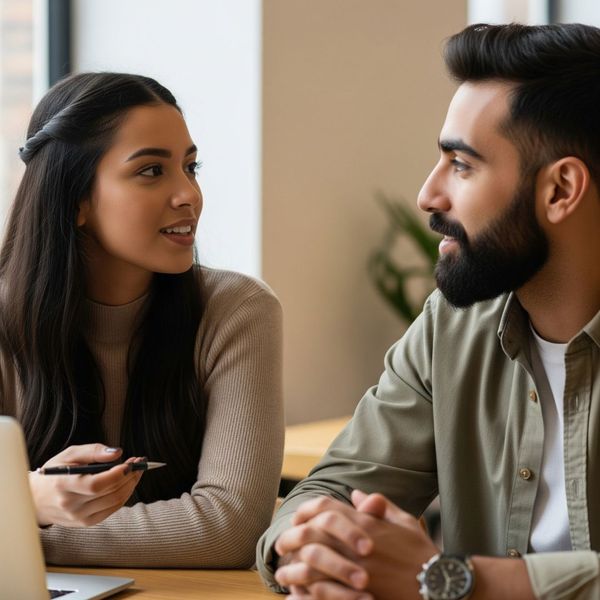 A diverse couple actively listening to each other, symbolizing effective communication in counseling.