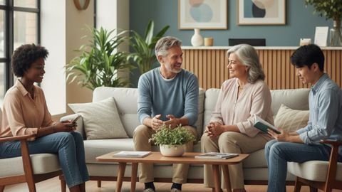 Diverse group of people in a warm, inviting therapy waiting area, smiling and looking hopeful.